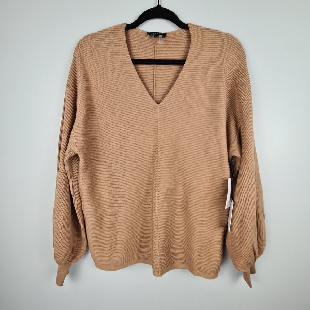 1 State Women's V-Neck Pullover Knit Sweater‎ in Wild Oak Size S Balloon Sleeve